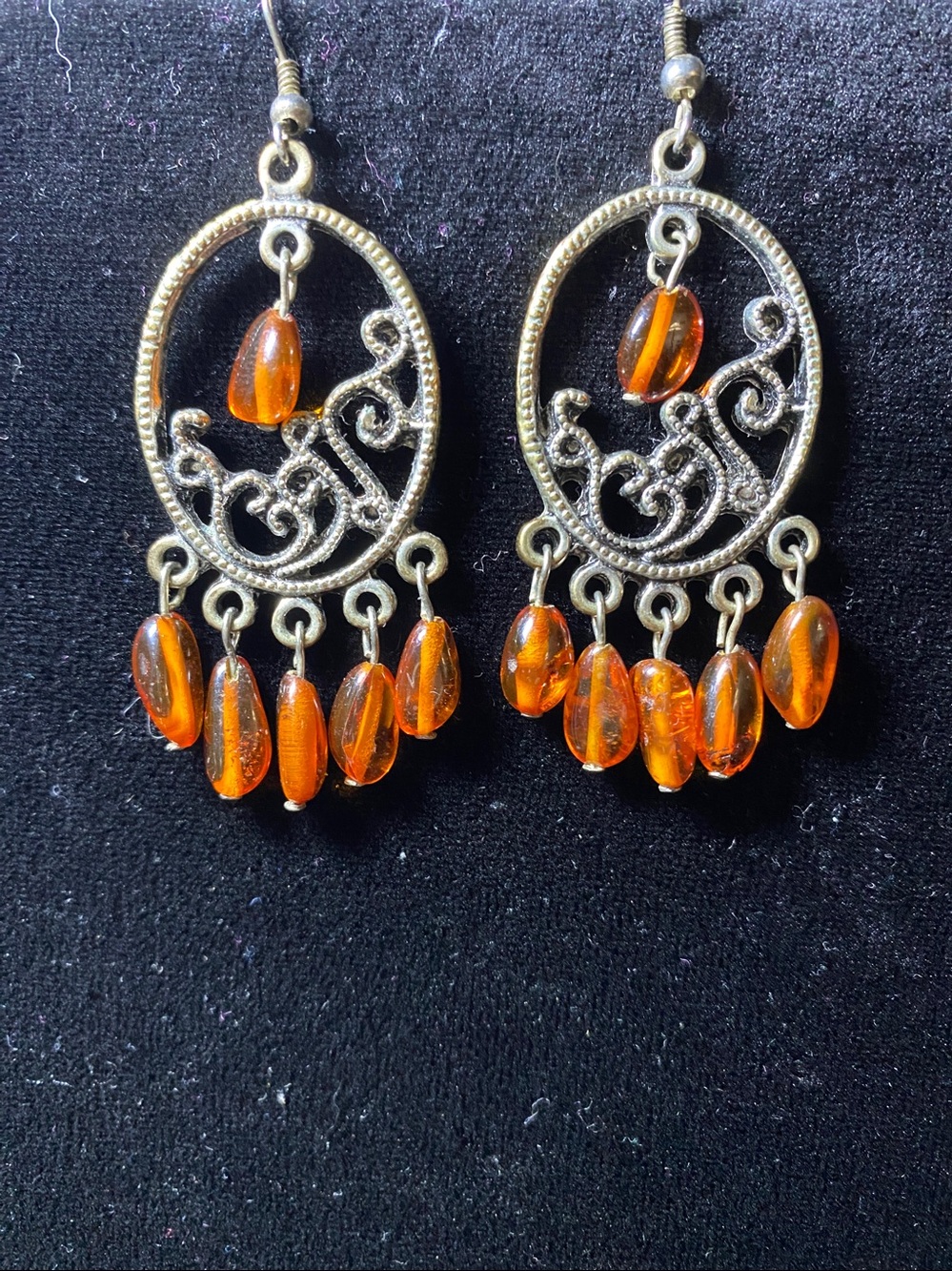 Vintage Baltic Amber Crystal Beads Filagree Oval Silver tone Earrings Gift Boho